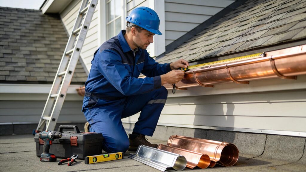 Contractor evaluating a home for seamless gutter installation, highlighting cost factors