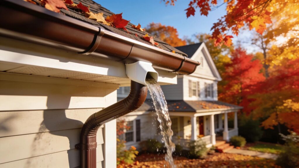 Custom seamless gutters enhancing a Connecticut home&rsquo;s exterior with vibrant autumn foliage
